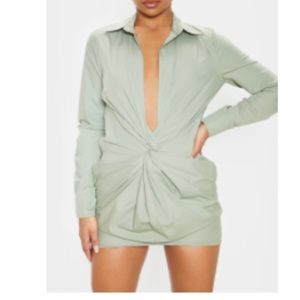Sage Green Print Knot Detail Shirt Dress